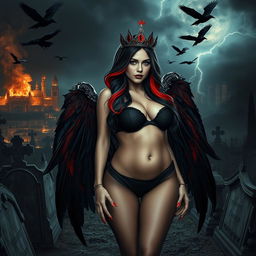 A visually striking and attractive young woman with very long black, red, and silver hair exudes a sweet and soft charm accentuated by her dark gothic makeup