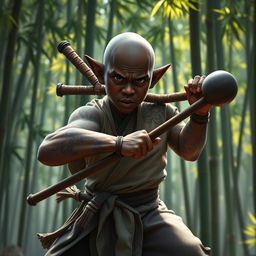 A dark-skinned bald halfling monk, dressed in traditional martial arts attire, wielding a sturdy mace