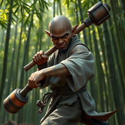 A dark-skinned bald halfling monk, dressed in traditional martial arts attire, wielding a sturdy mace