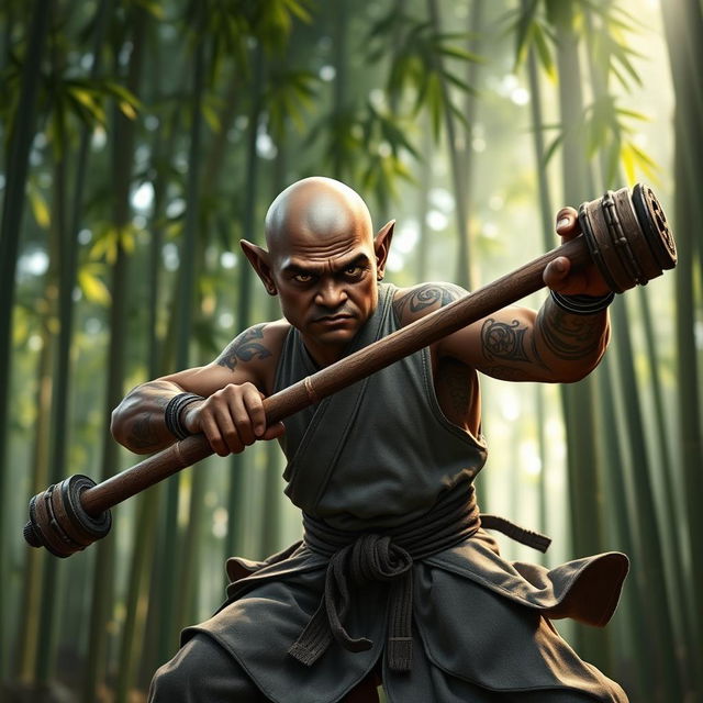 A dark-skinned bald halfling monk, dressed in traditional martial arts attire, wielding a sturdy mace