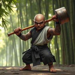 A dark-skinned bald halfling monk, dressed in traditional martial arts attire, wielding a sturdy mace