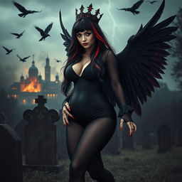 A stunning and beautiful young woman with very long black, red, and silver hair, featuring a sweet and soft face highlighted by dark gothic makeup