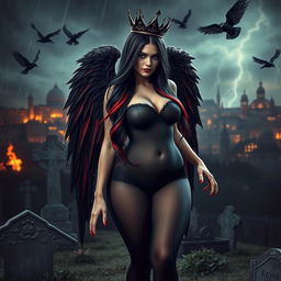 A stunning and beautiful young woman with very long black, red, and silver hair, featuring a sweet and soft face highlighted by dark gothic makeup