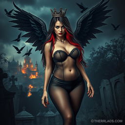 A stunning and beautiful young woman with very long black, red, and silver hair, featuring a sweet and soft face highlighted by dark gothic makeup