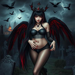 A captivating and beautiful young girl with very long black, red, and silver hair, possessing a sweet, soft face enhanced by dark gothic makeup