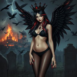A captivating and beautiful young girl with very long black, red, and silver hair, possessing a sweet, soft face enhanced by dark gothic makeup