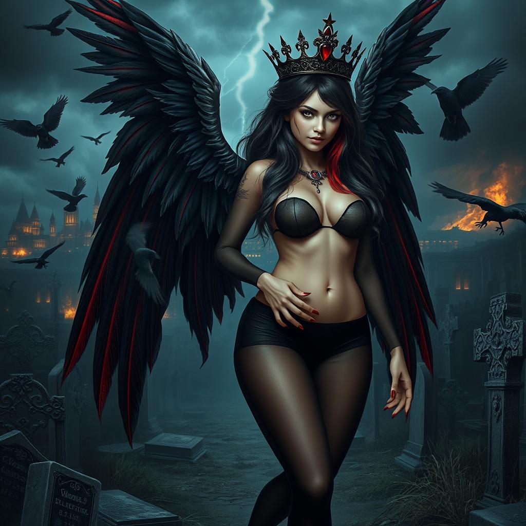 A captivating and beautiful young girl with very long black, red, and silver hair, possessing a sweet, soft face enhanced by dark gothic makeup