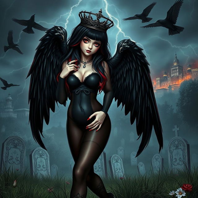 A captivating and beautiful young girl with very long black, red, and silver hair, possessing a sweet, soft face enhanced by dark gothic makeup