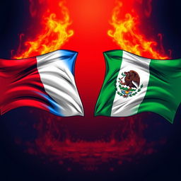 A dramatic and creative portrayal of a standoff between the French and Mexican flags, positioned prominently on opposite sides of the image