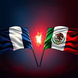 A dramatic and creative portrayal of a standoff between the French and Mexican flags, positioned prominently on opposite sides of the image