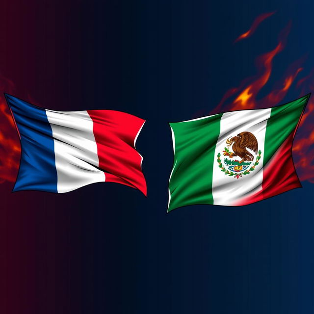 A dramatic and creative portrayal of a standoff between the French and Mexican flags, positioned prominently on opposite sides of the image