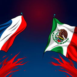A dramatic and creative portrayal of a standoff between the French and Mexican flags, positioned prominently on opposite sides of the image