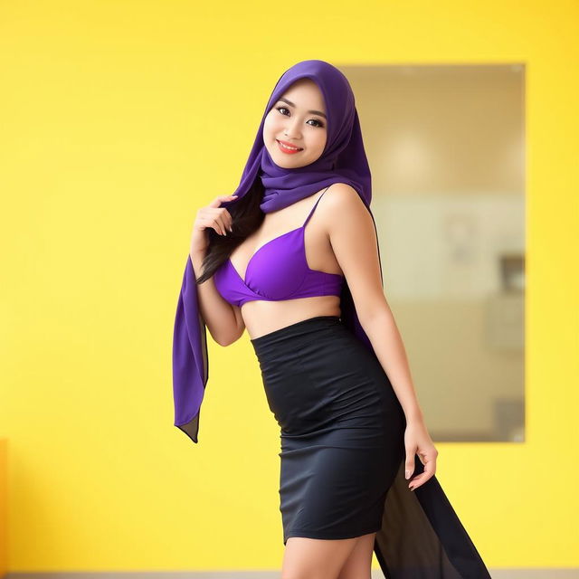 A beautiful Chinese woman in a hijab, showcasing her curvaceous figure