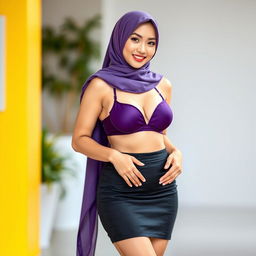 A beautiful Chinese woman in a hijab, showcasing her curvaceous figure
