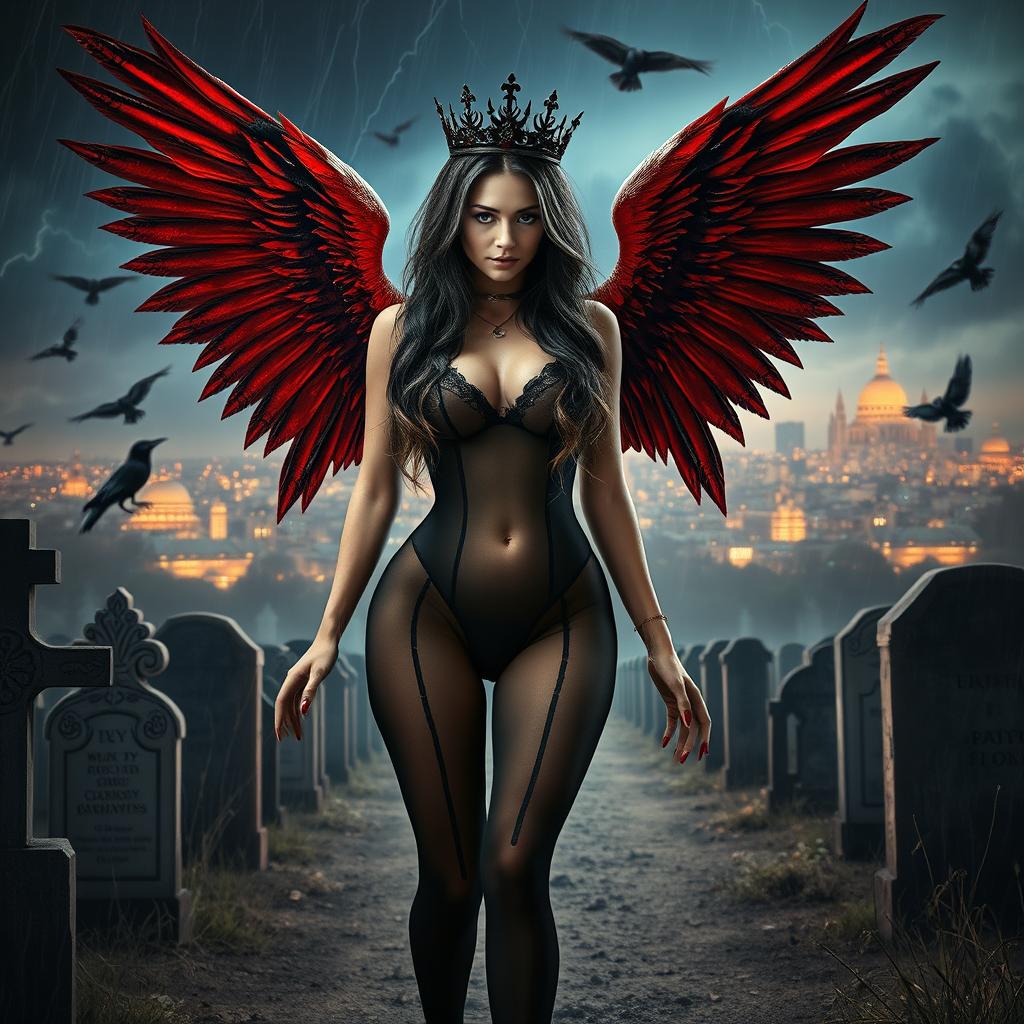 A captivating and beautiful young woman with very long black, red, and silver hair, exuding a sweet and soft aura highlighted by dark gothic makeup