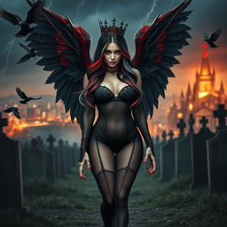 A captivating and beautiful young woman with very long black, red, and silver hair, exuding a sweet and soft aura highlighted by dark gothic makeup