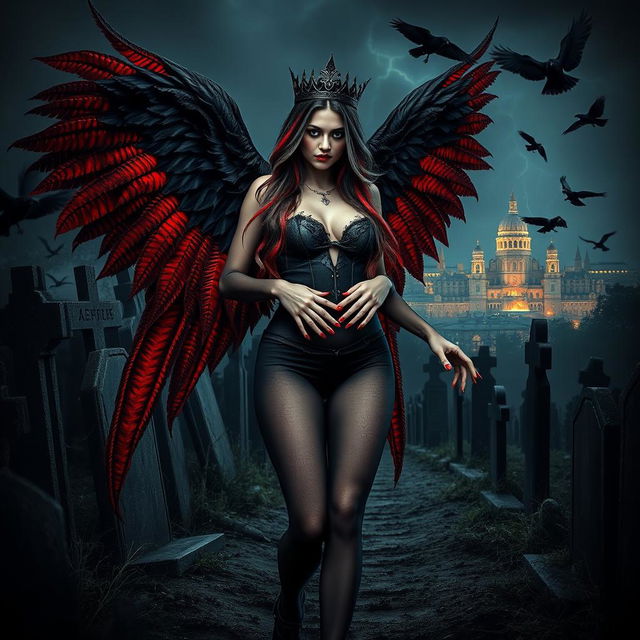 A captivating and beautiful young woman with very long black, red, and silver hair, exuding a sweet and soft aura highlighted by dark gothic makeup