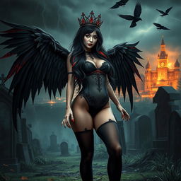 A captivating and beautiful young woman with very long black, red, and silver hair, exuding a sweet and soft aura highlighted by dark gothic makeup