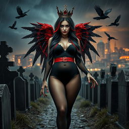 A breathtaking photograph of a beautiful young woman with very long black, red, and silver hair, showcasing a sweet and soft face adorned with dark gothic makeup