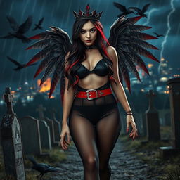 A breathtaking photograph of a beautiful young woman with very long black, red, and silver hair, showcasing a sweet and soft face adorned with dark gothic makeup