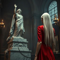 A tall, thin vampire with long white hair styled elegantly, stands with her back to the viewer, gazing at a marble statue of an ancient goddess of destruction