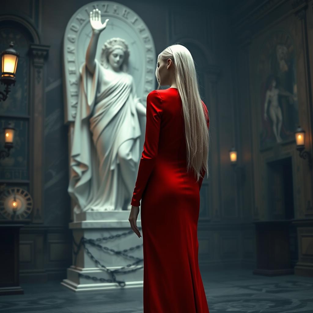 A tall, thin vampire with long white hair styled elegantly, stands with her back to the viewer, gazing at a marble statue of an ancient goddess of destruction