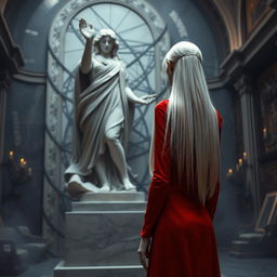 A tall, thin vampire with long white hair styled elegantly, stands with her back to the viewer, gazing at a marble statue of an ancient goddess of destruction