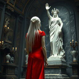 A tall, thin vampire with long white hair styled elegantly, stands with her back to the viewer, gazing at a marble statue of an ancient goddess of destruction
