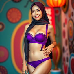 A beautiful Chinese woman in a hijab, showcasing a slightly curvy figure and wearing braces