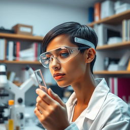 A light brown-skinned scientist in a laboratory, with short black hair and an ear piercing
