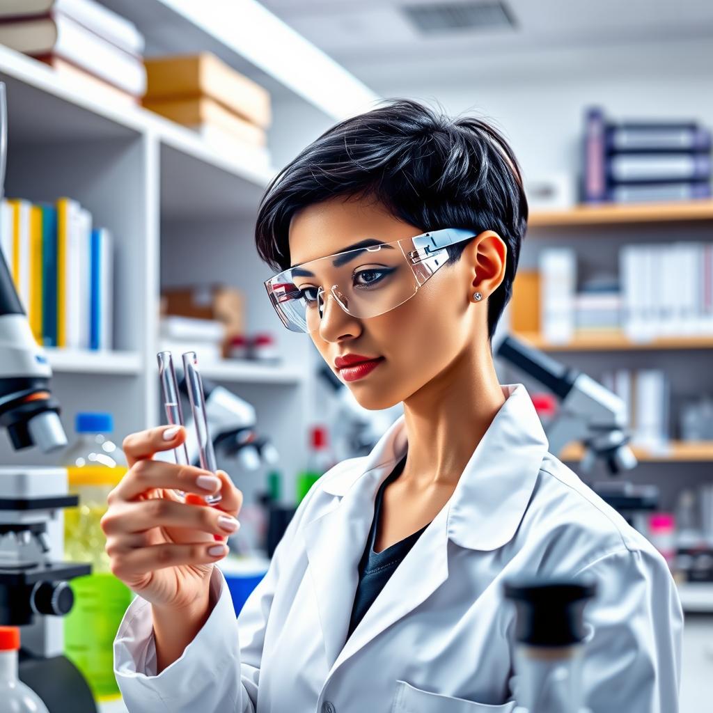 A light brown-skinned scientist in a laboratory, with short black hair and an ear piercing