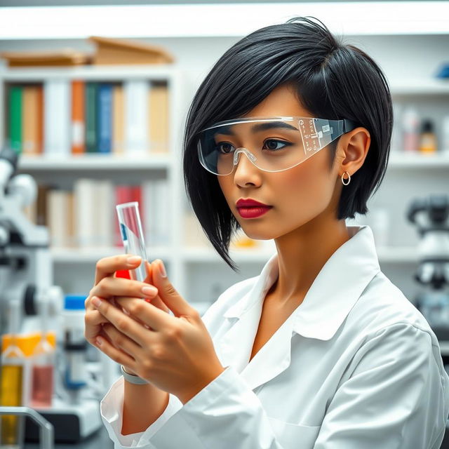 A light brown-skinned scientist in a laboratory, with short black hair and an ear piercing