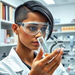 A light brown-skinned scientist in a laboratory, with short black hair and an ear piercing