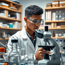 A slender light brown-skinned male scientist in a laboratory, with short black hair and an ear piercing