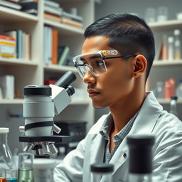 A slender light brown-skinned male scientist in a laboratory, with short black hair and an ear piercing