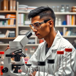 A slender light brown-skinned male scientist in a laboratory, with short black hair and an ear piercing