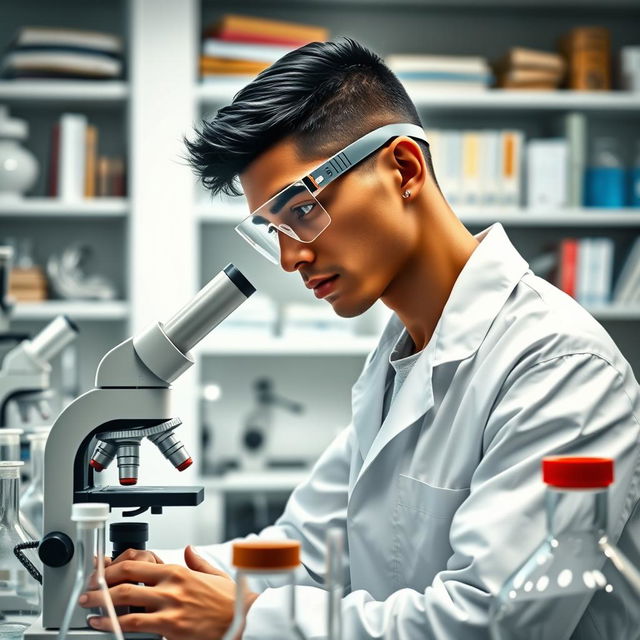 A slender light brown-skinned male scientist in a laboratory, with short black hair and an ear piercing