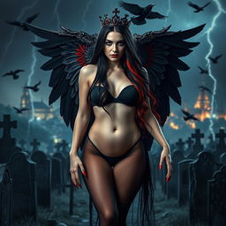A striking photograph of a beautiful young woman with very long black, red, and silver hair, and a sweet, soft face enhanced by dark gothic makeup
