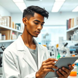 A slender light brown-skinned male scientist with a clear complexion, set against a laboratory background