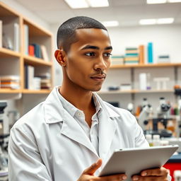 A slender light brown-skinned male scientist with a clear complexion, set against a laboratory background