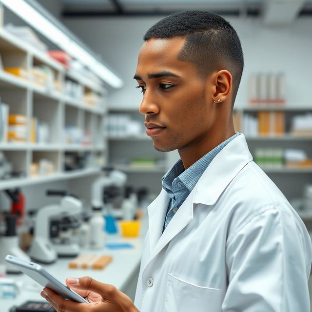 A slender light brown-skinned male scientist with a clear complexion, set against a laboratory background