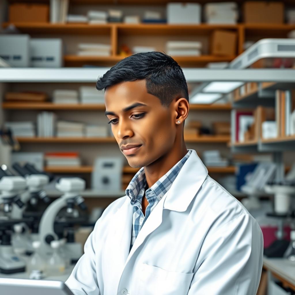 A slender light brown-skinned male scientist with a clear complexion, set against a laboratory background