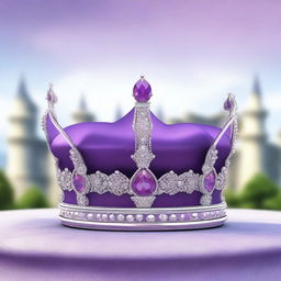 A high-quality digital art featuring a highly detailed silver crown adorned with a shimmering purple gem