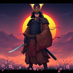 A fierce samurai warrior standing tall in traditional armor, holding a katana, with a dramatic sunset in the background casting an orange and purple glow
