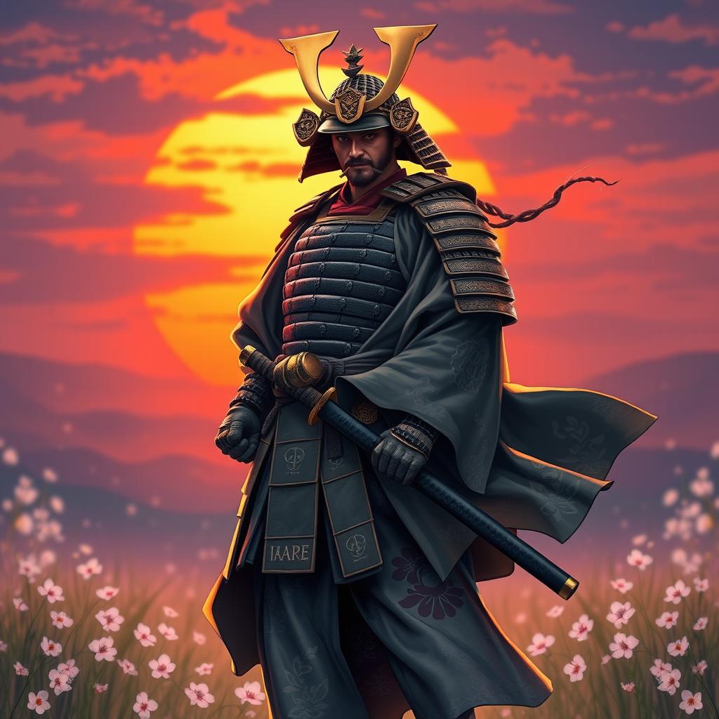 A fierce samurai warrior standing tall in traditional armor, holding a katana, with a dramatic sunset in the background casting an orange and purple glow