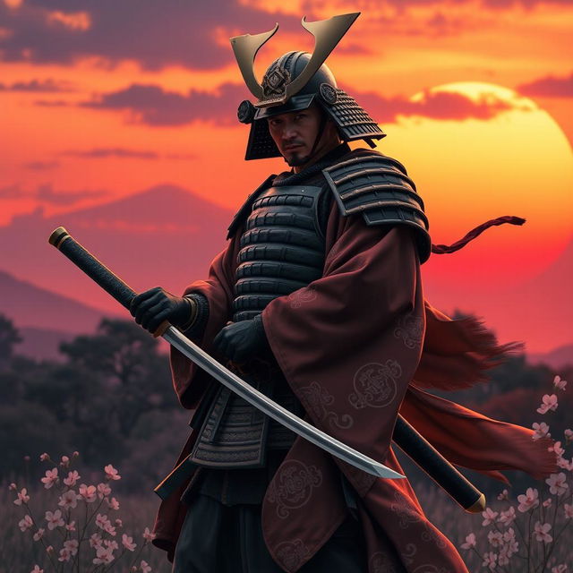 A fierce samurai warrior standing tall in traditional armor, holding a katana, with a dramatic sunset in the background casting an orange and purple glow