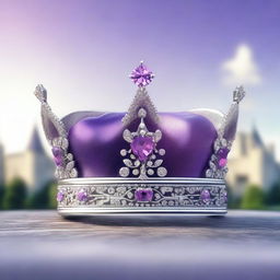 A high-quality digital art featuring a highly detailed silver crown adorned with a shimmering purple gem