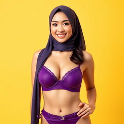 A beautiful Chinese woman in a hijab, featuring braces on her teeth and a slightly curvy figure