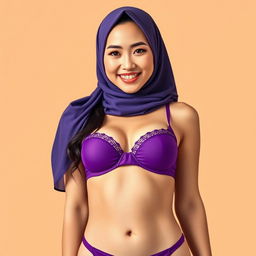 A beautiful Chinese woman in a hijab, featuring braces on her teeth and a slightly curvy figure