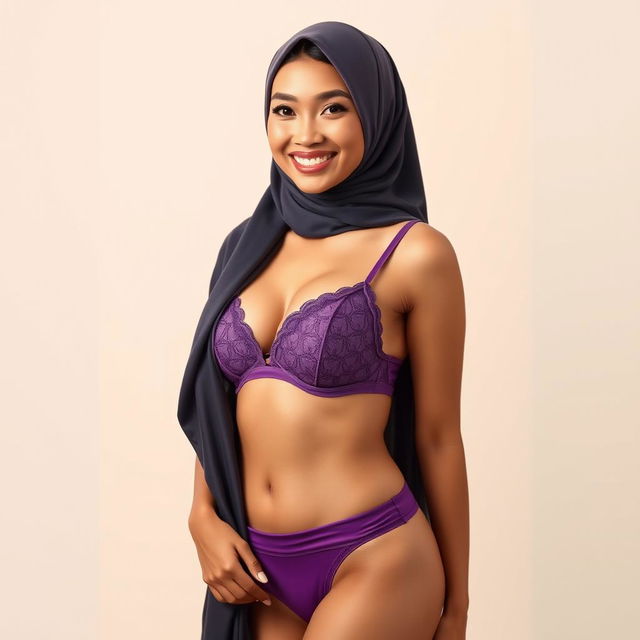 A beautiful Chinese woman in a hijab, featuring braces on her teeth and a slightly curvy figure